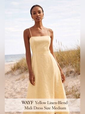 WAYF Yellow Linen Blend Midi Dress Size Medium Adjustable Straps Stretch